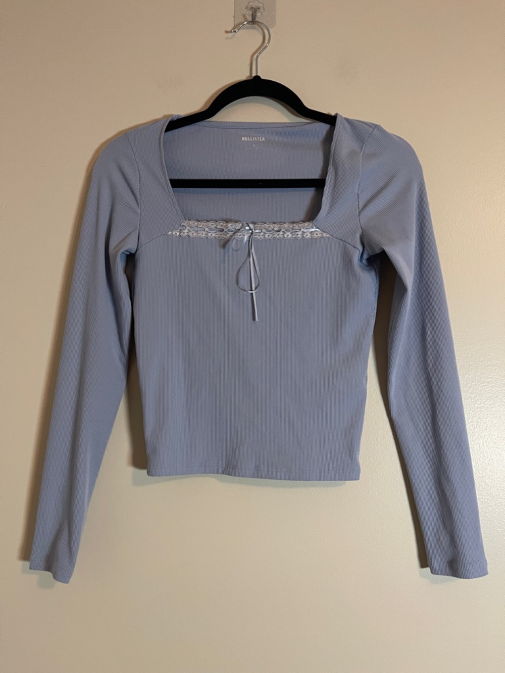 Hollister Top Womens Small Blue Long Sleeve Square Neck Ribbed Coquette Pastel